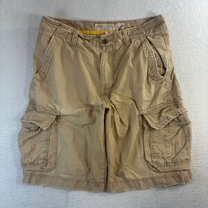 Y2K American Eagle Baggy Cargo Shorts 32x11 Tan Longer Length Classic Vintage